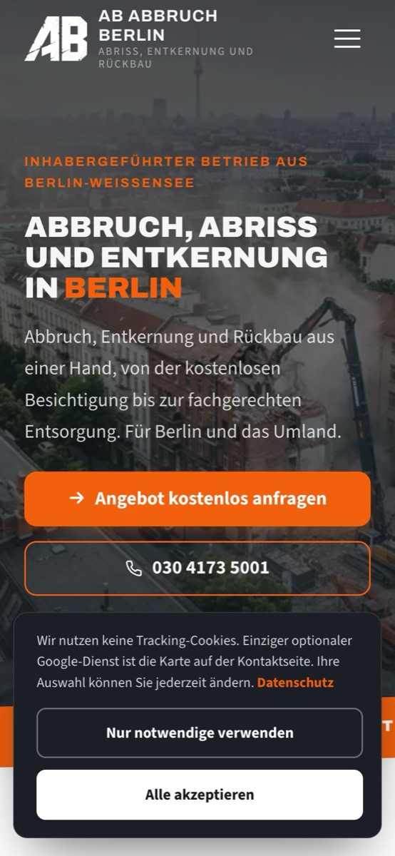 Handy-Ansicht der Website von AB Abbruch Berlin