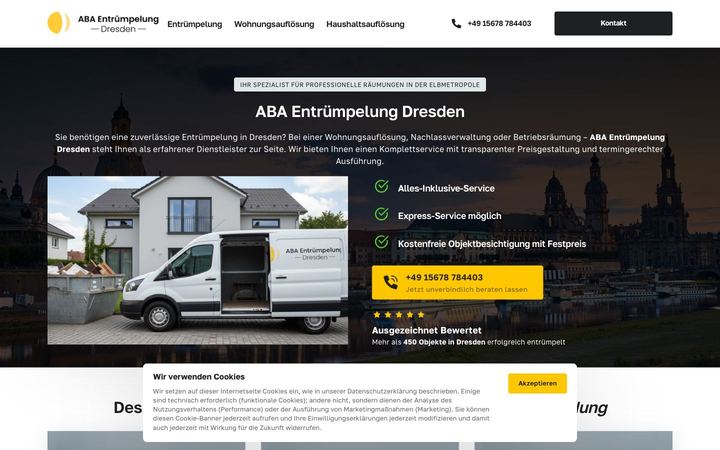 Website von ABA Entrümpelung Dresden, erstellt von Blitzwebsite