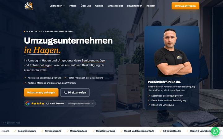 Website von A & M Umzug, erstellt von Blitzwebsite