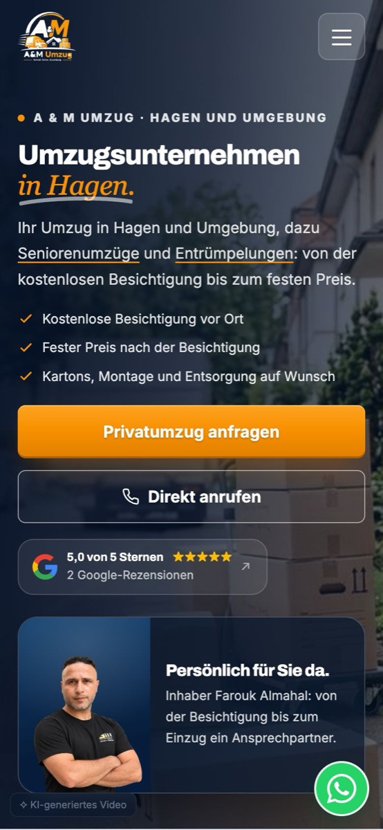 Handy-Ansicht der Website von A & M Umzug