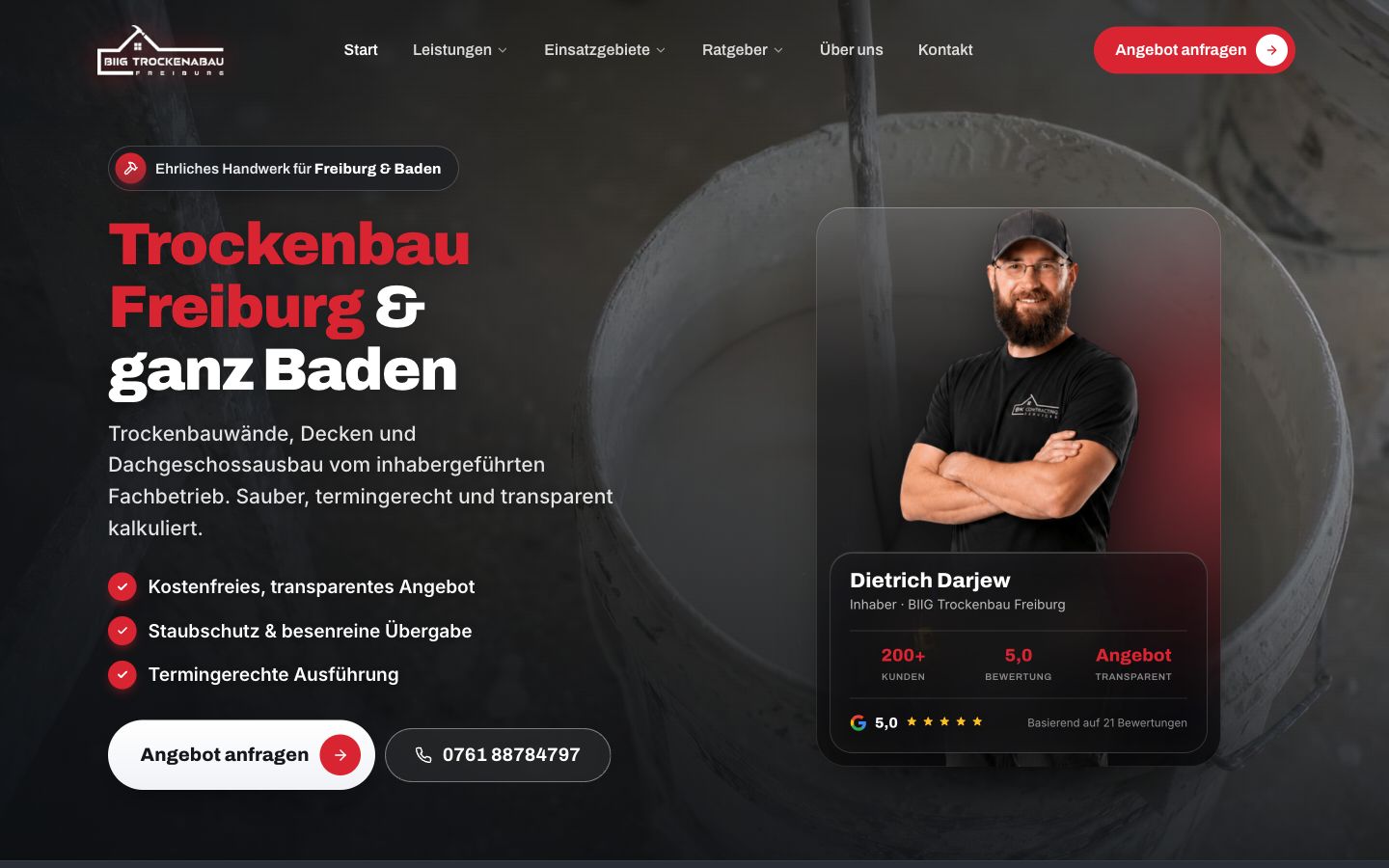 Startseite von BIIG Trockenbau, erstellt von Blitzwebsite