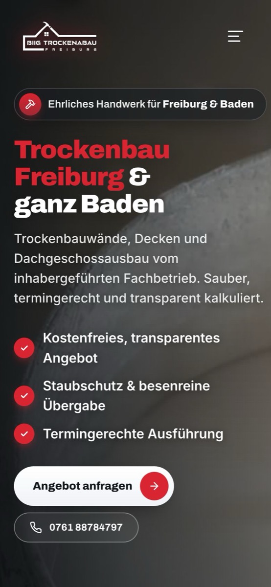 Handy-Ansicht der Website von BIIG Trockenbau