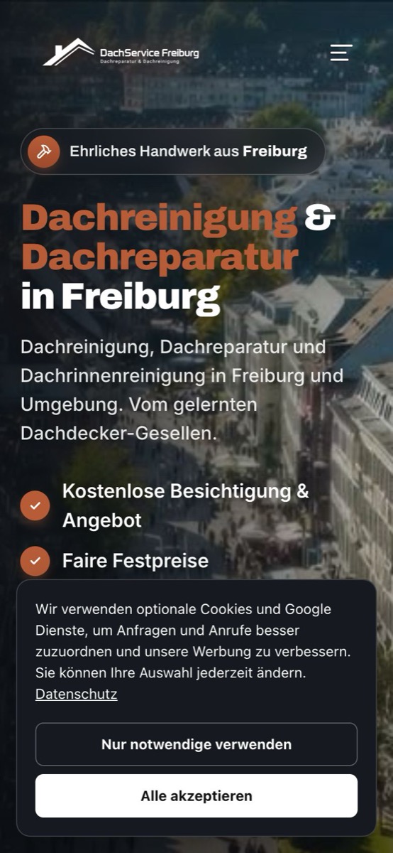 Handy-Ansicht der Website von DachService Freiburg