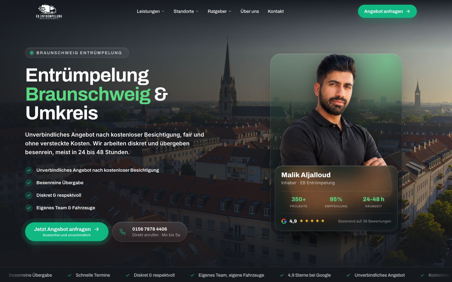 Startseite von EB Entrümpelung Braunschweig, erstellt von Blitzwebsite