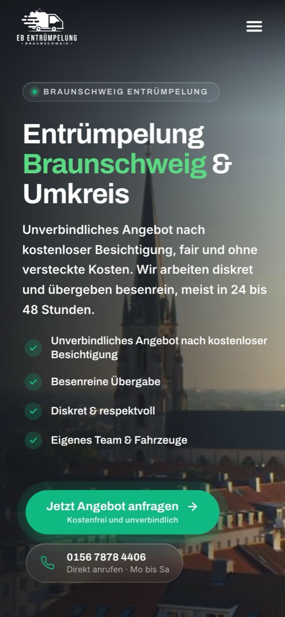 Handy-Ansicht der Website von EB Entrümpelung Braunschweig