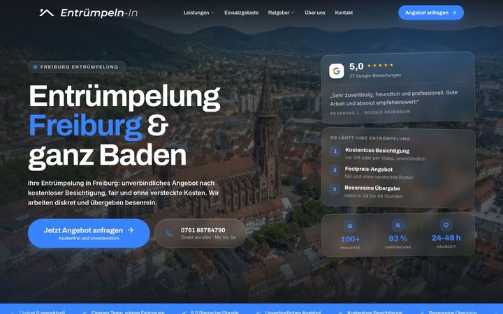 Website von Entrümpeln-In, erstellt von Blitzwebsite