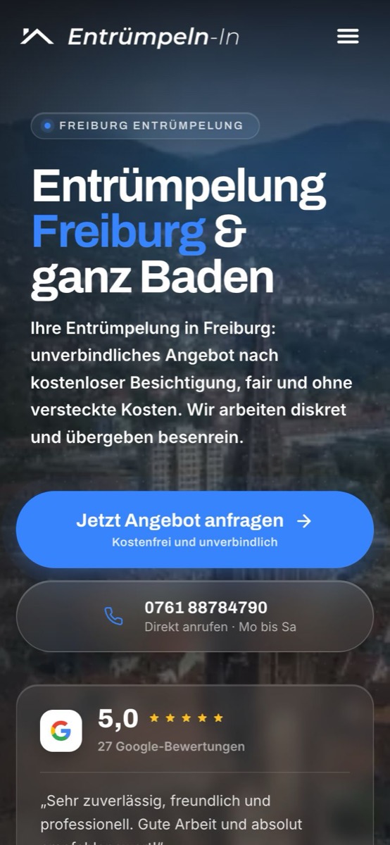 Handy-Ansicht der Website von Entrümpeln-In