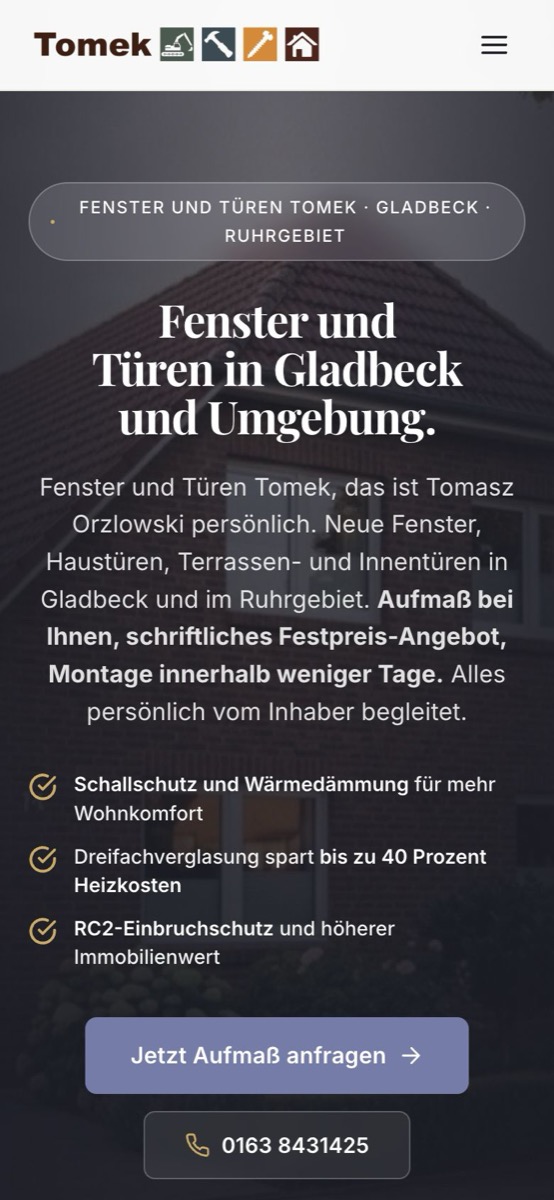 Handy-Ansicht der Website von Fenster und Türen Tomek