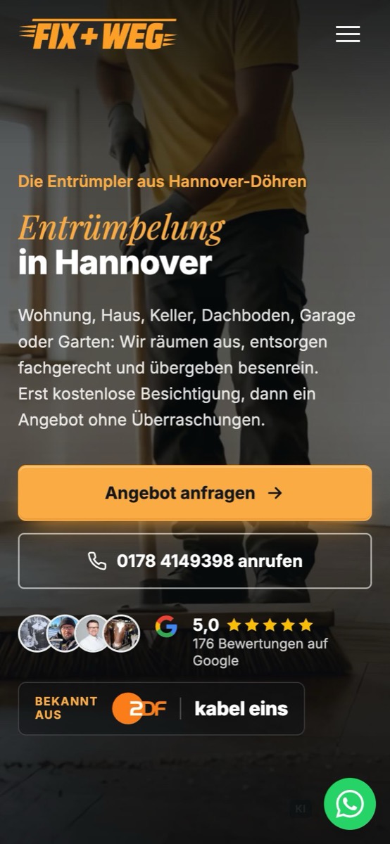 Handy-Ansicht der Website von Fix + weg