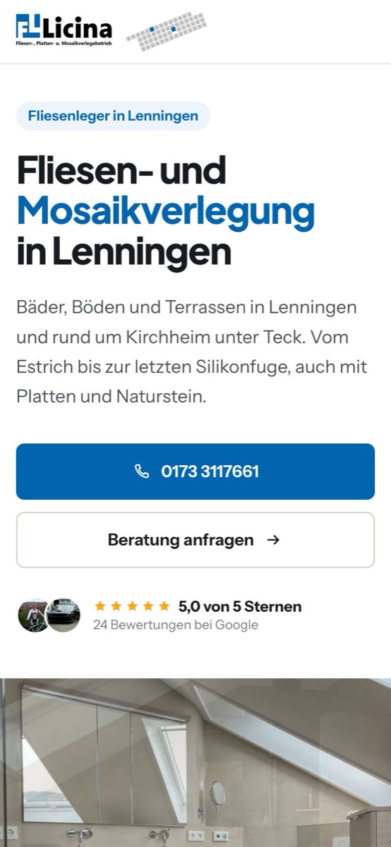 Handy-Ansicht der Website von Fliesen-Licina