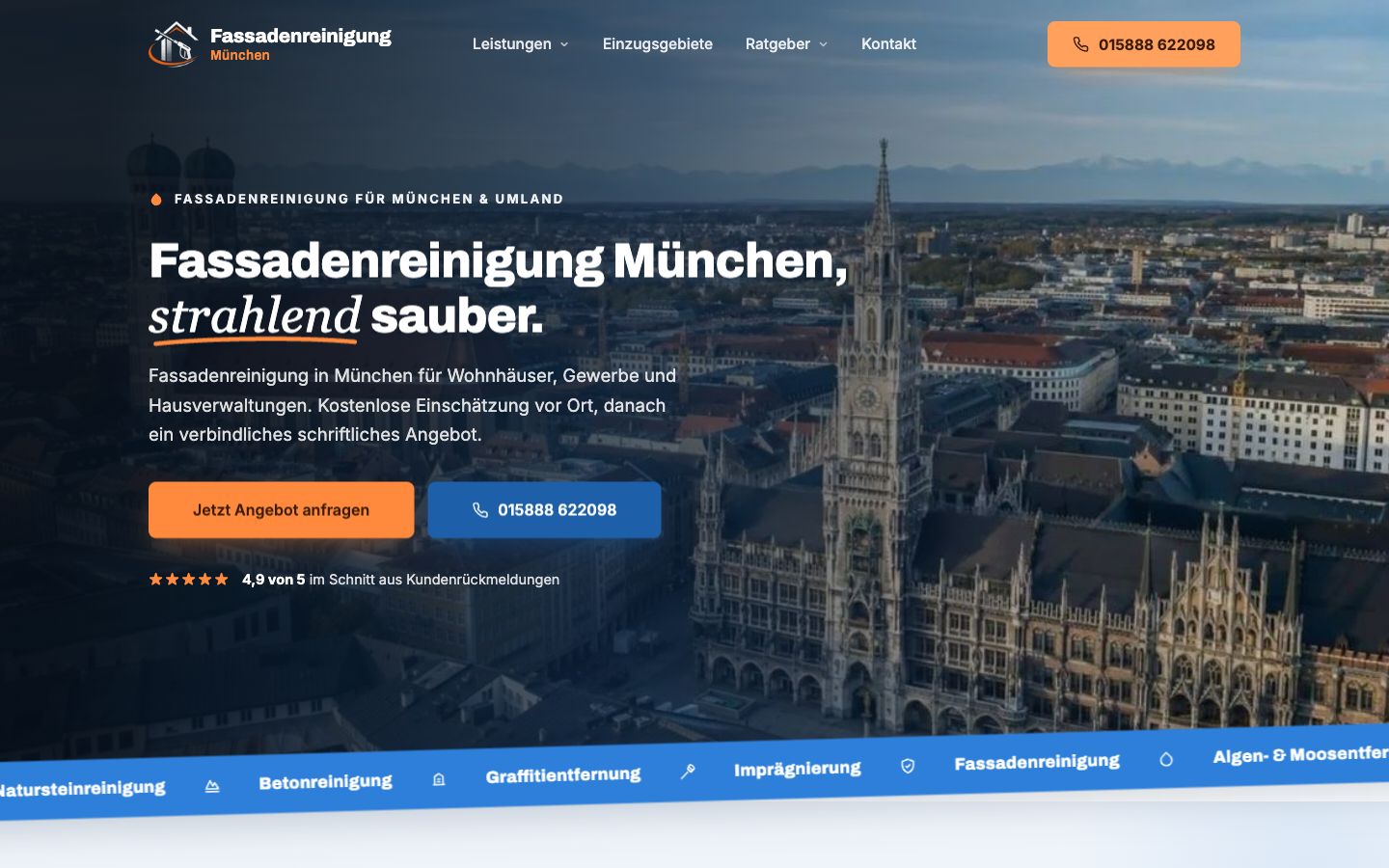 Startseite von FM Fassadenreinigung, erstellt von Blitzwebsite