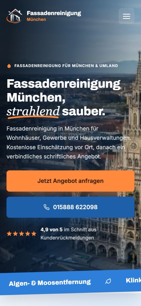 Handy-Ansicht der Website von FM Fassadenreinigung