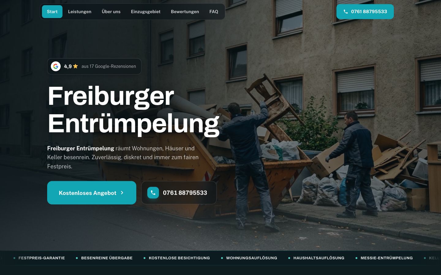 Startseite von Freiburger Entrümpelung, erstellt von Blitzwebsite