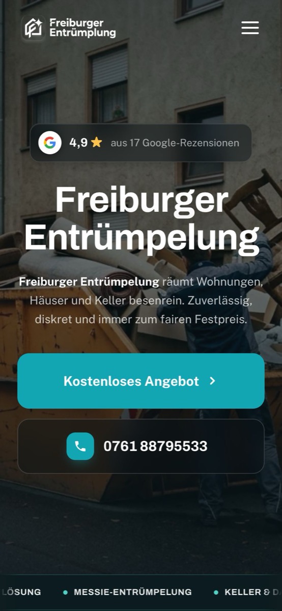 Handy-Ansicht der Website von Freiburger Entrümpelung