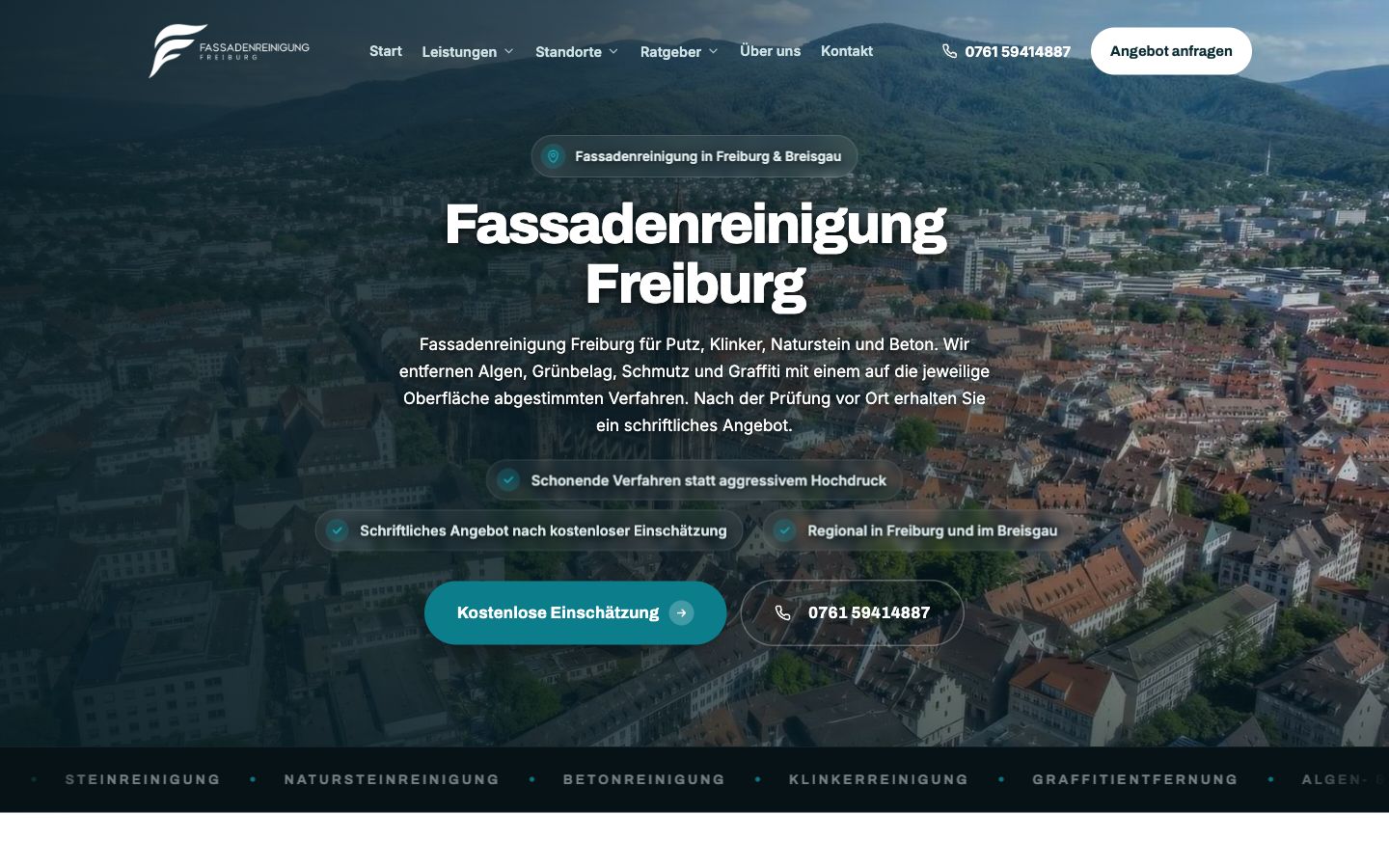 Startseite von Fassadenreinigung Freiburg, erstellt von Blitzwebsite