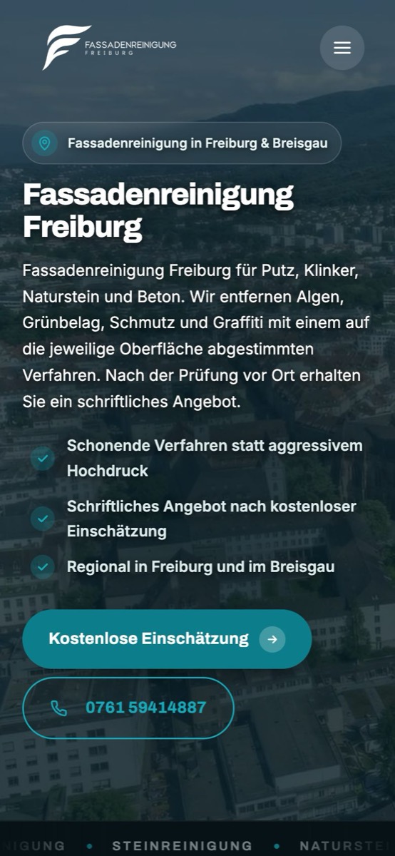 Handy-Ansicht der Website von Fassadenreinigung Freiburg