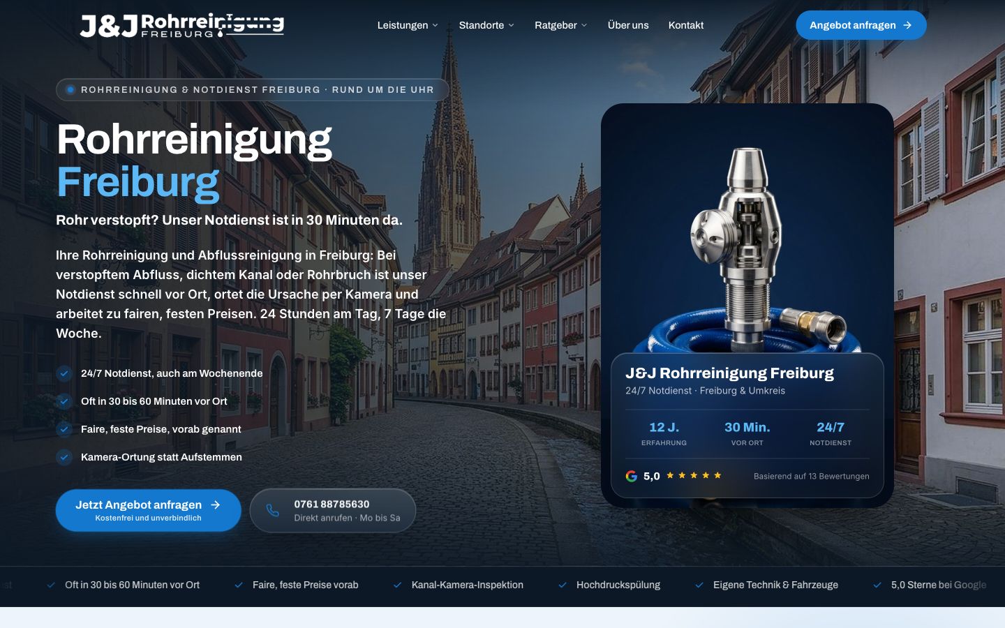 Startseite von J&J Rohrreinigung, erstellt von Blitzwebsite