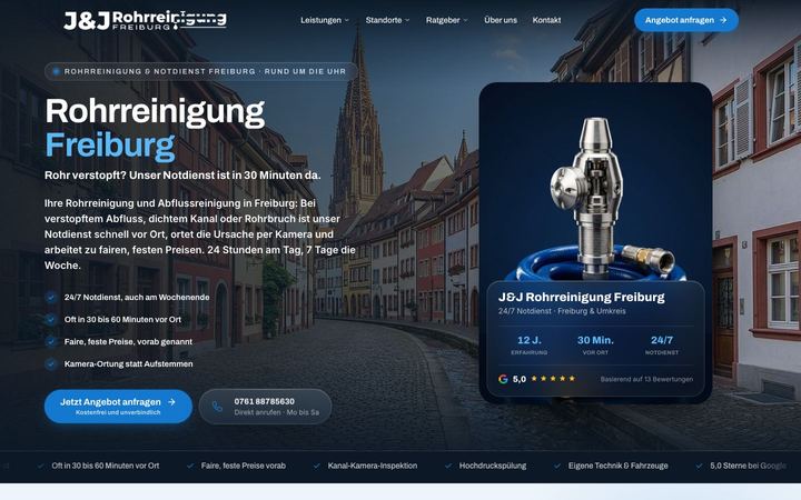 Website von J&J Rohrreinigung, erstellt von Blitzwebsite