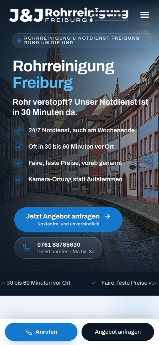 Handy-Ansicht der Website von J&J Rohrreinigung