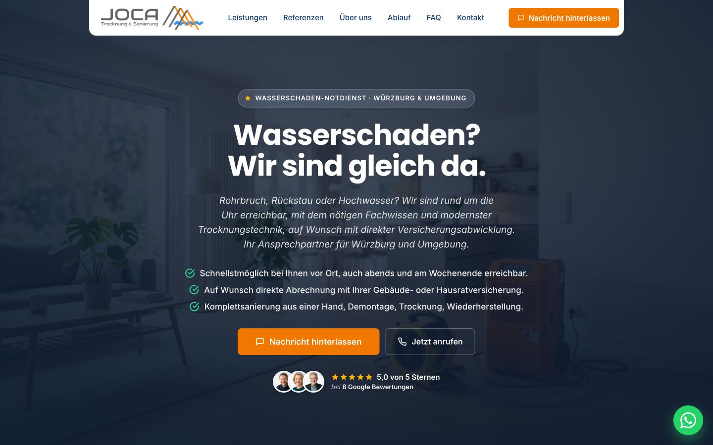 Startseite von JOCA Trocknung & Sanierung, erstellt von Blitzwebsite
