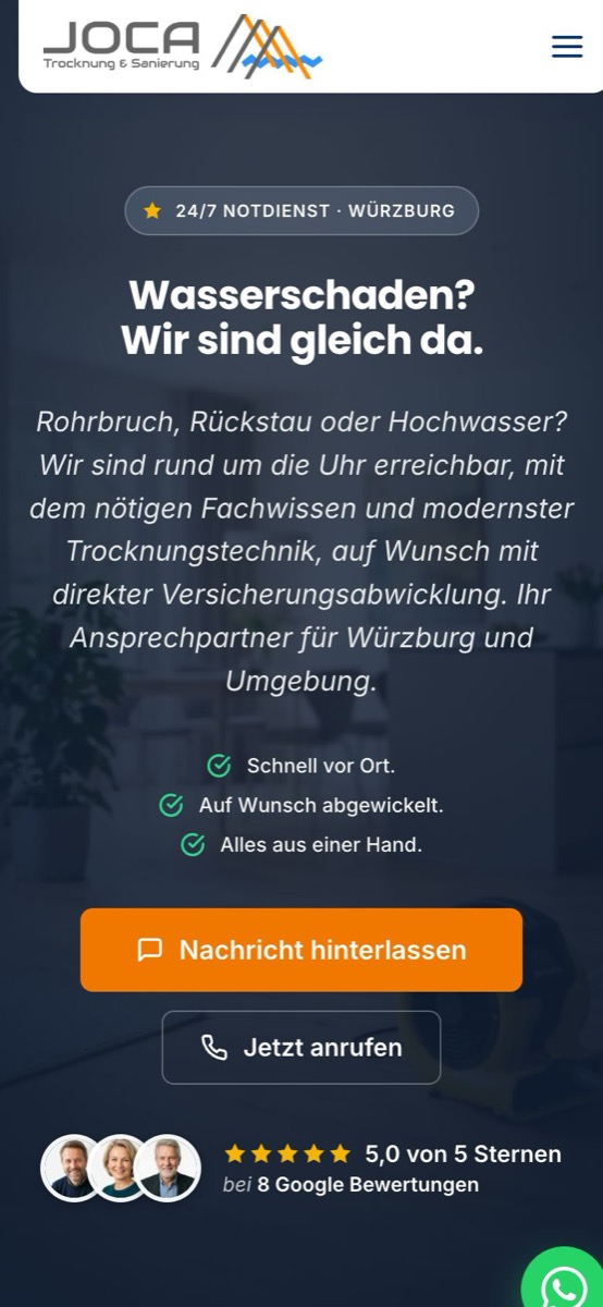 Handy-Ansicht der Website von JOCA Trocknung & Sanierung
