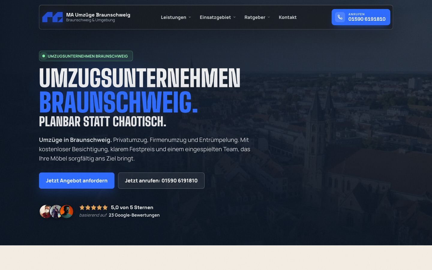 Startseite von MA Umzüge Braunschweig, erstellt von Blitzwebsite