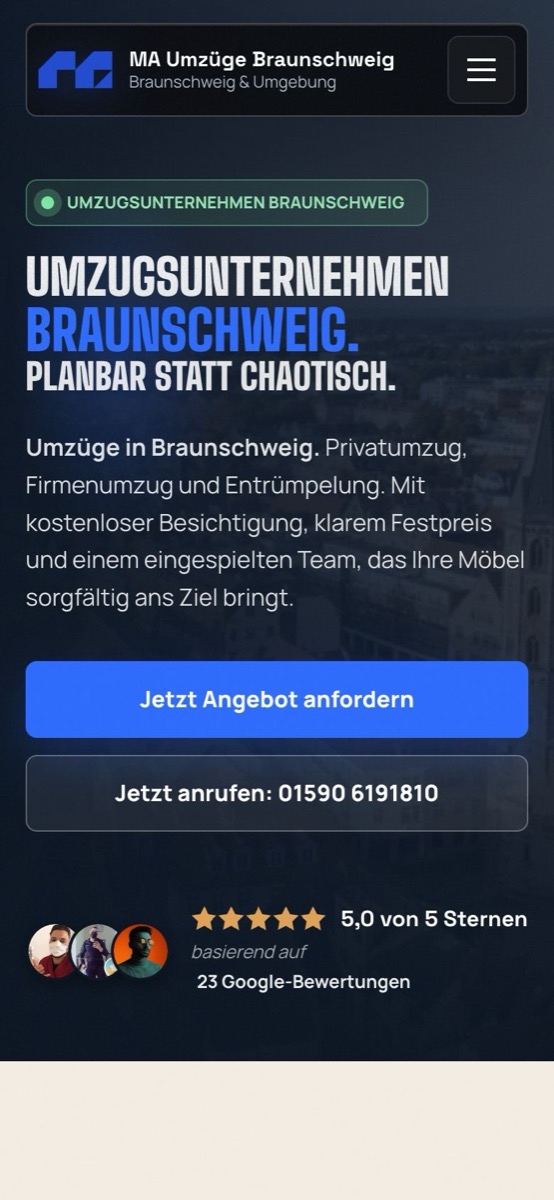 Handy-Ansicht der Website von MA Umzüge Braunschweig