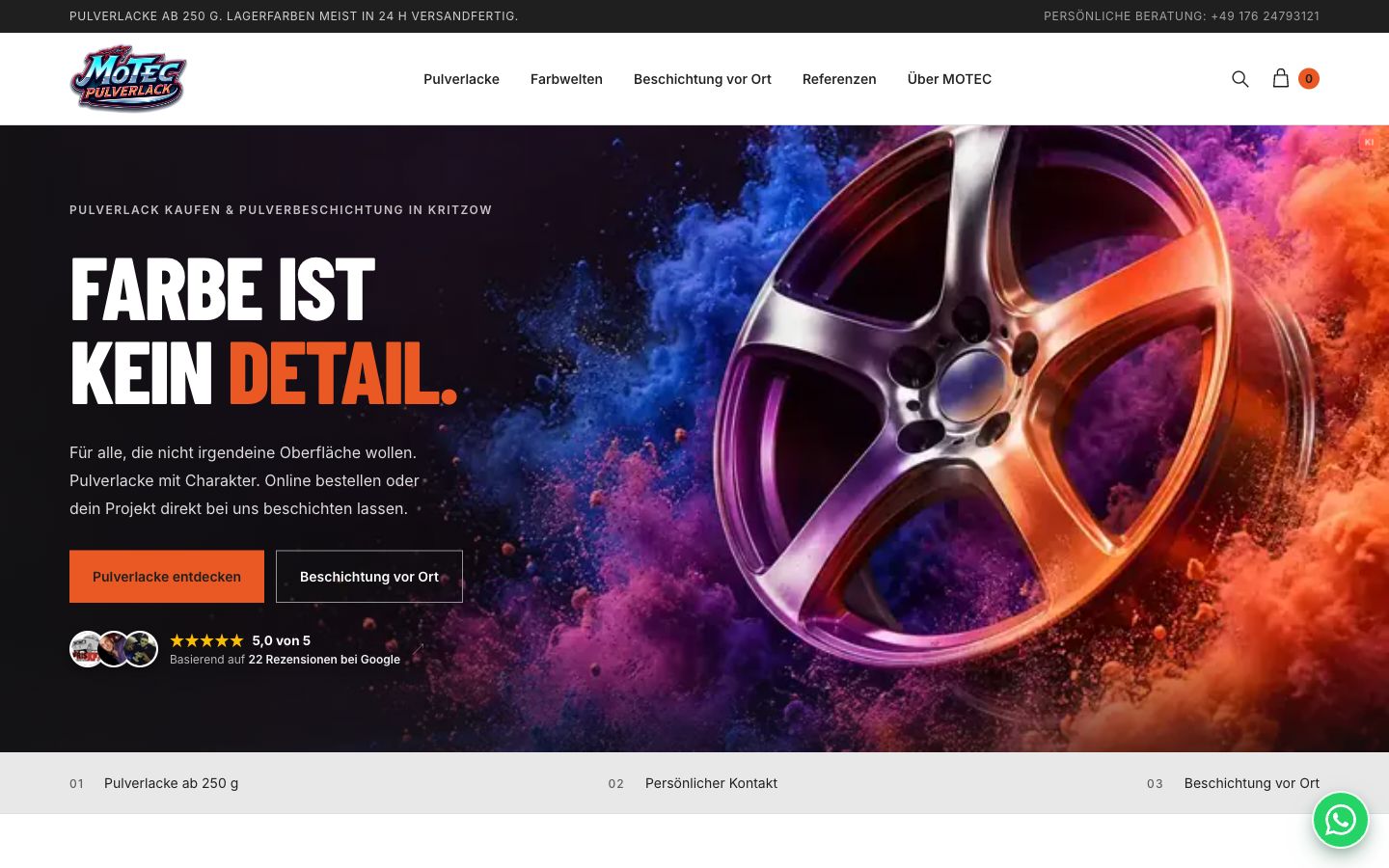 Startseite von MOTEC Pulverlack, erstellt von Blitzwebsite