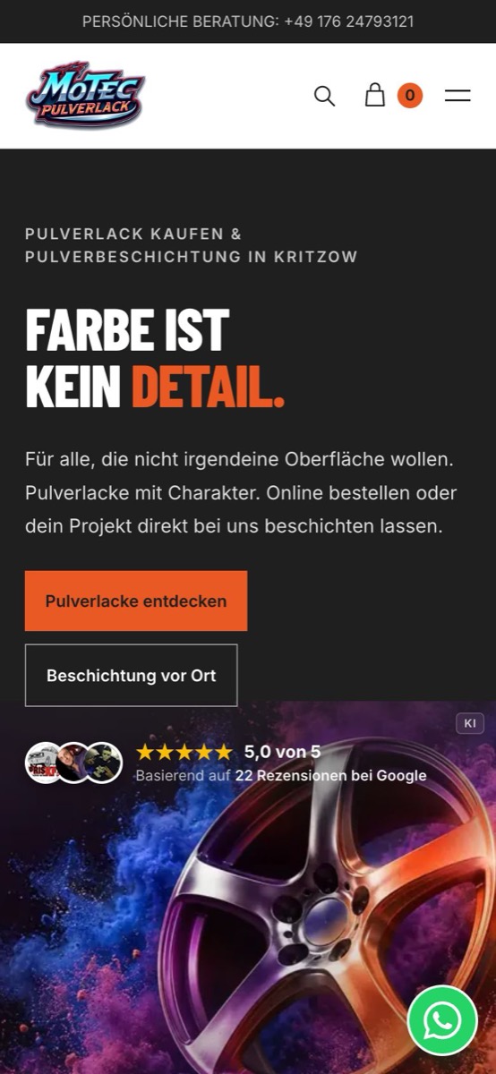 Handy-Ansicht der Website von MOTEC Pulverlack