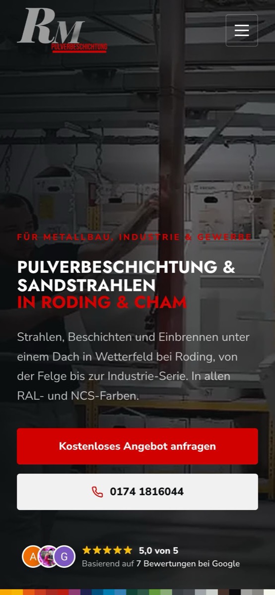 Handy-Ansicht der Website von RM Pulverbeschichtung