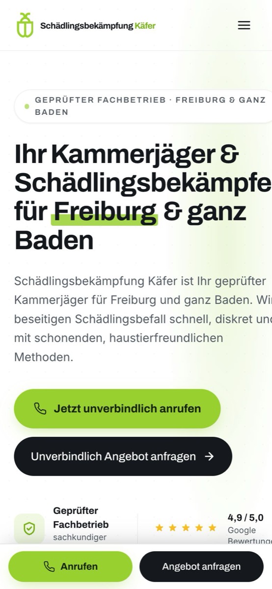 Handy-Ansicht der Website von Schädlingsbekämpfung Käfer
