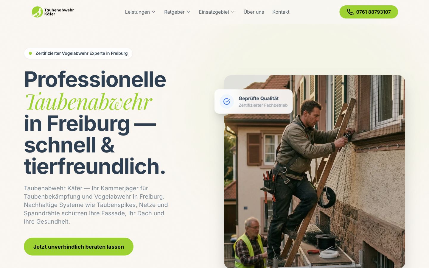Startseite von Taubenabwehr Käfer, erstellt von Blitzwebsite
