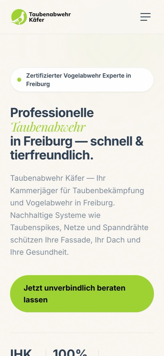 Handy-Ansicht der Website von Taubenabwehr Käfer