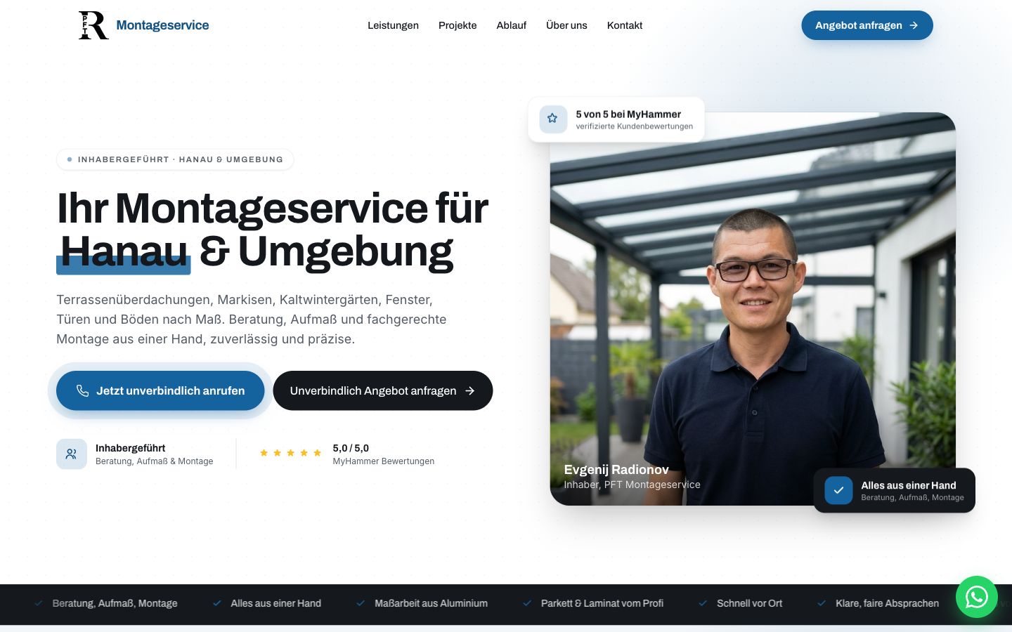 Startseite von PFT Montageservice, erstellt von Blitzwebsite