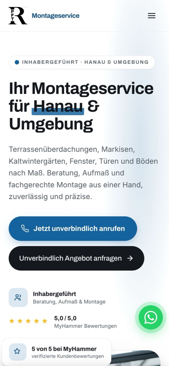 Handy-Ansicht der Website von PFT Montageservice