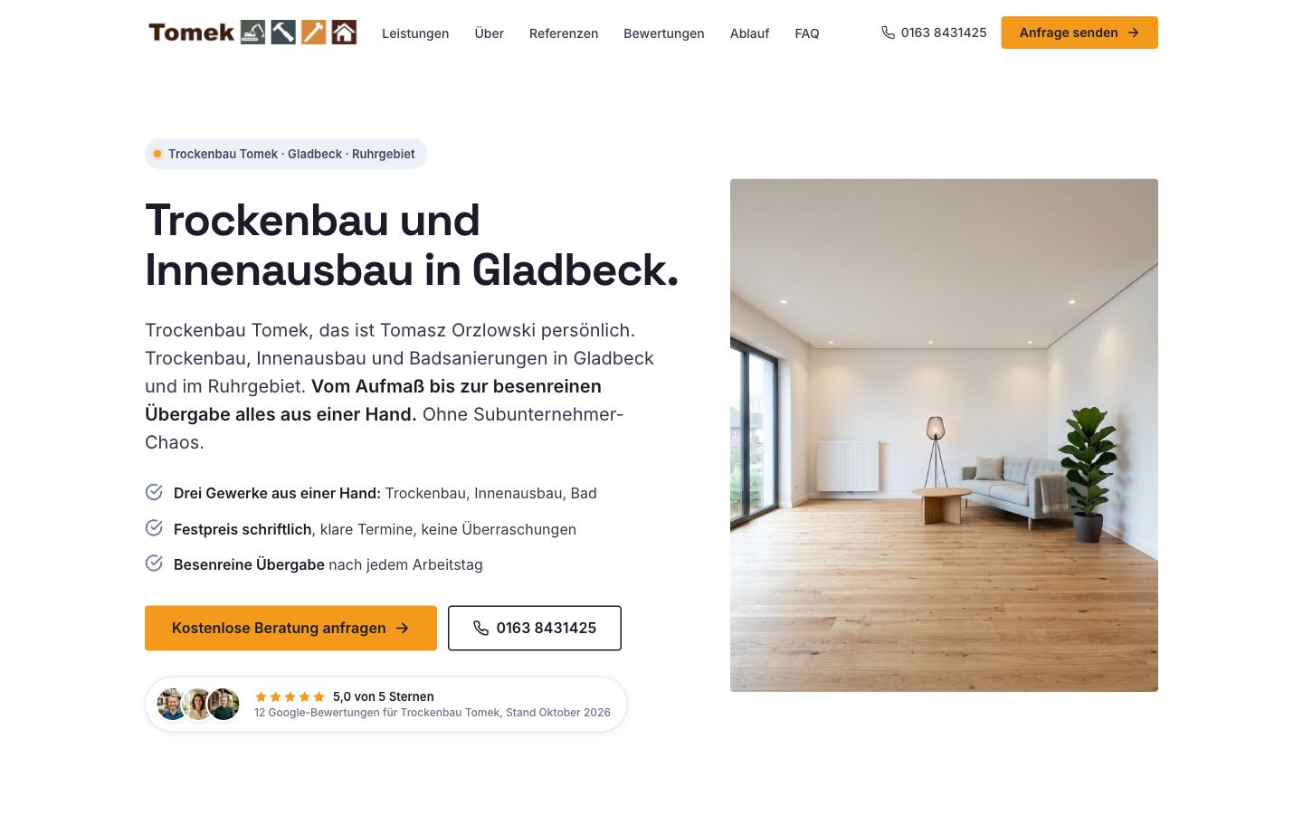 Startseite von Trockenbau Tomek, erstellt von Blitzwebsite