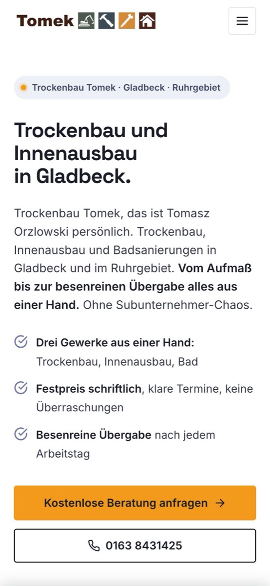 Handy-Ansicht der Website von Trockenbau Tomek