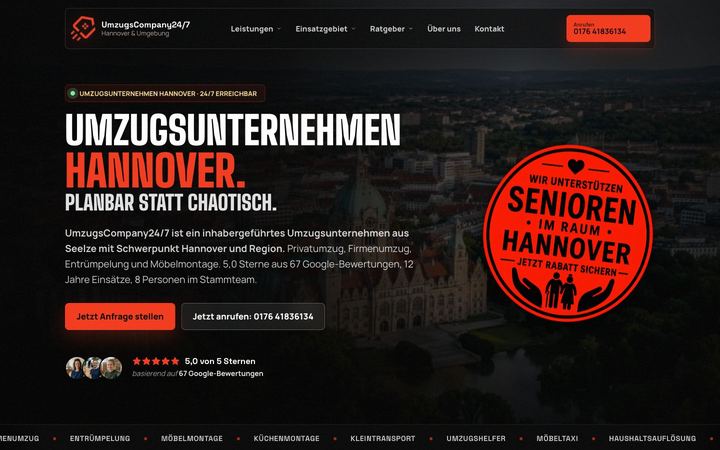 Website von UmzugsCompany24/7, erstellt von Blitzwebsite