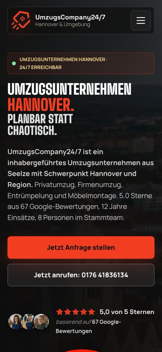 Handy-Ansicht der Website von UmzugsCompany24/7