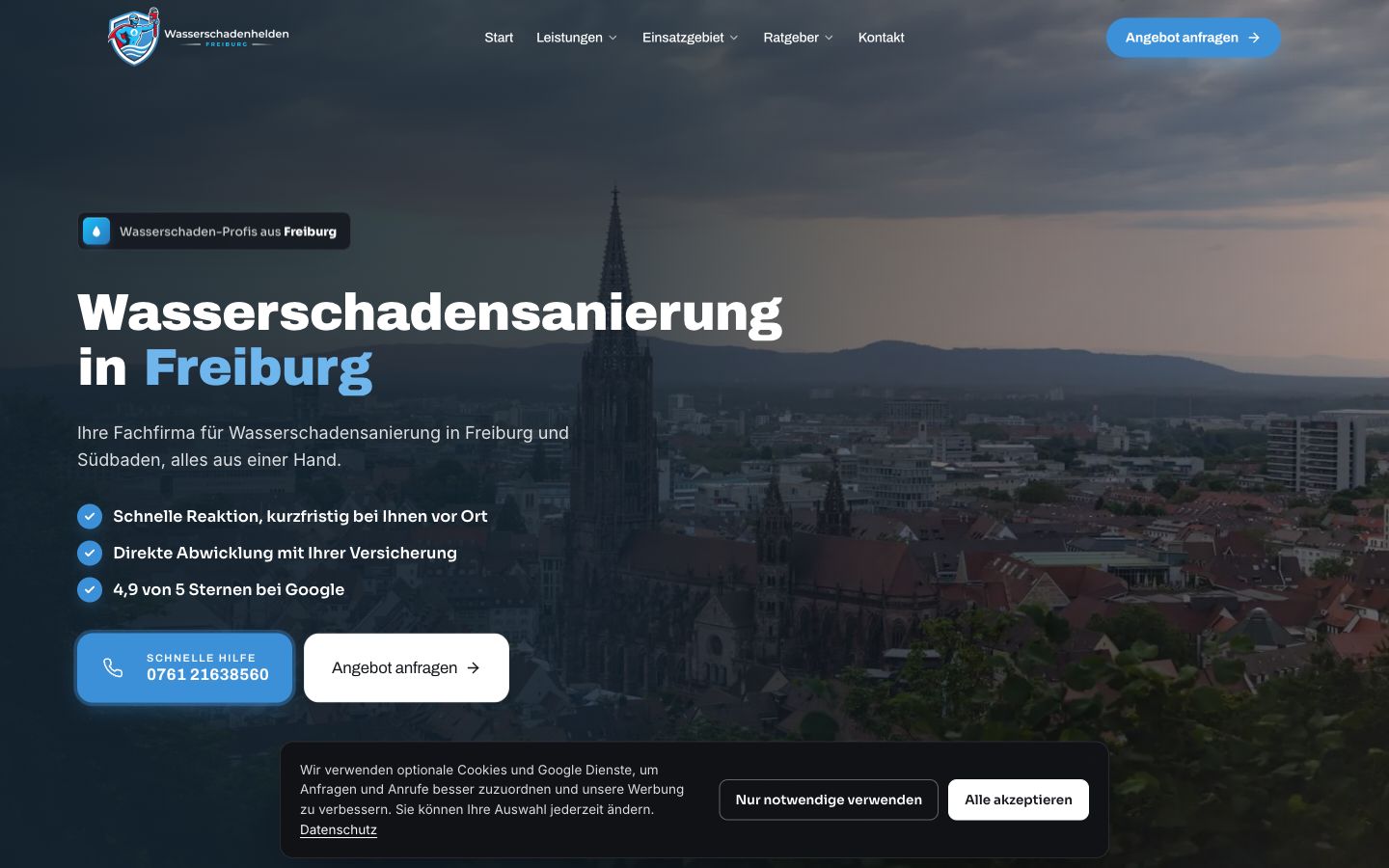Startseite von Wasserschadenhelden Freiburg, erstellt von Blitzwebsite