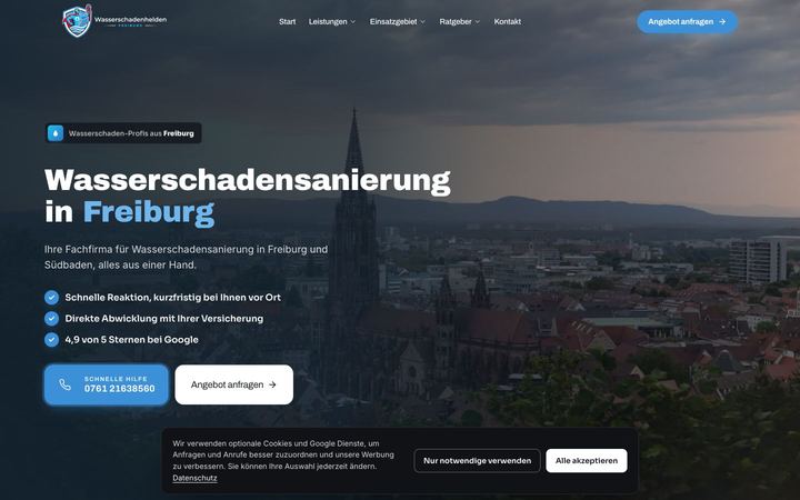 Website von Wasserschadenhelden Freiburg, erstellt von Blitzwebsite