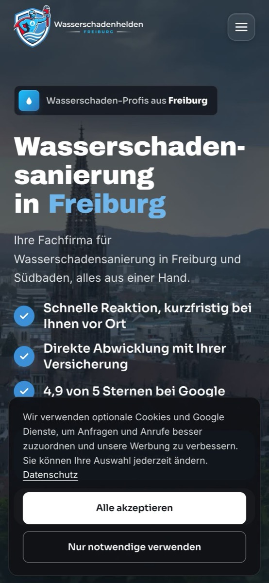 Handy-Ansicht der Website von Wasserschadenhelden Freiburg