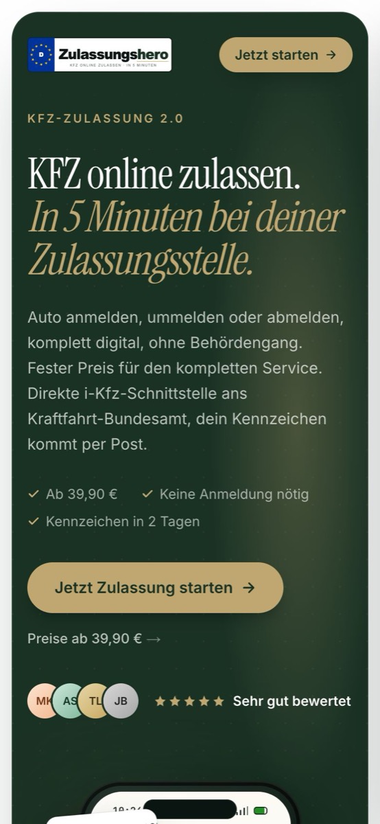 Handy-Ansicht der Website von Zulassungshero